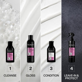 Redken conditioner being applied in shower to lock in color and shine