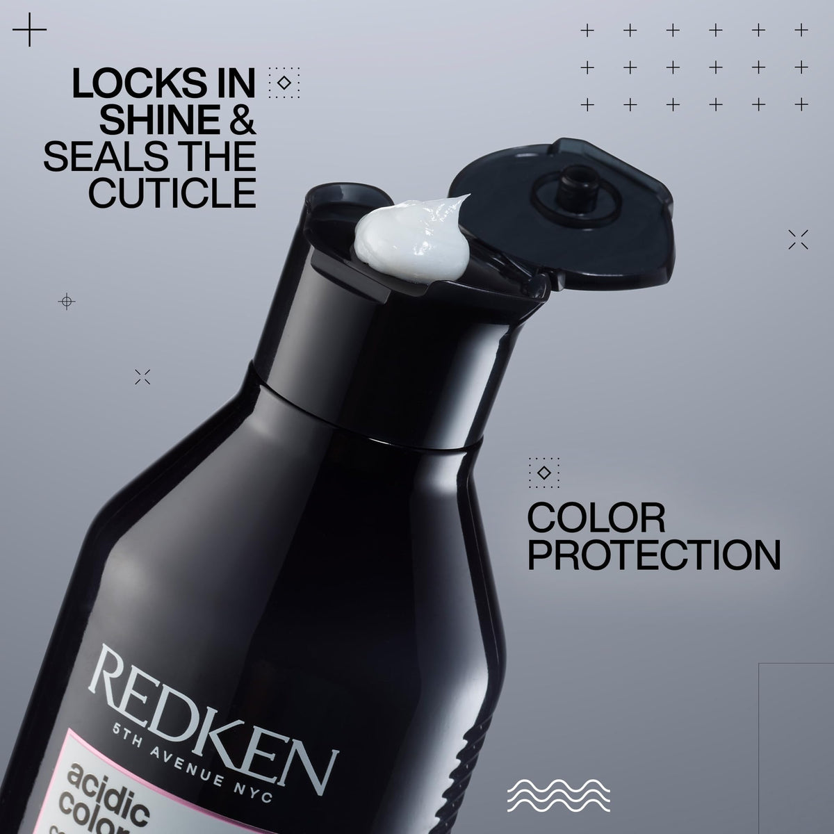 Redken label and pump close-up highlighting product details and ease