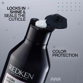 Redken label and pump close-up highlighting product details and ease
