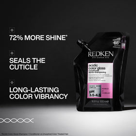Redken bottle with refill pouch emphasizing sustainability and cost-saving refill option