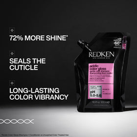 Redken refill pouch showing reduced-plastic packaging and eco benefit
