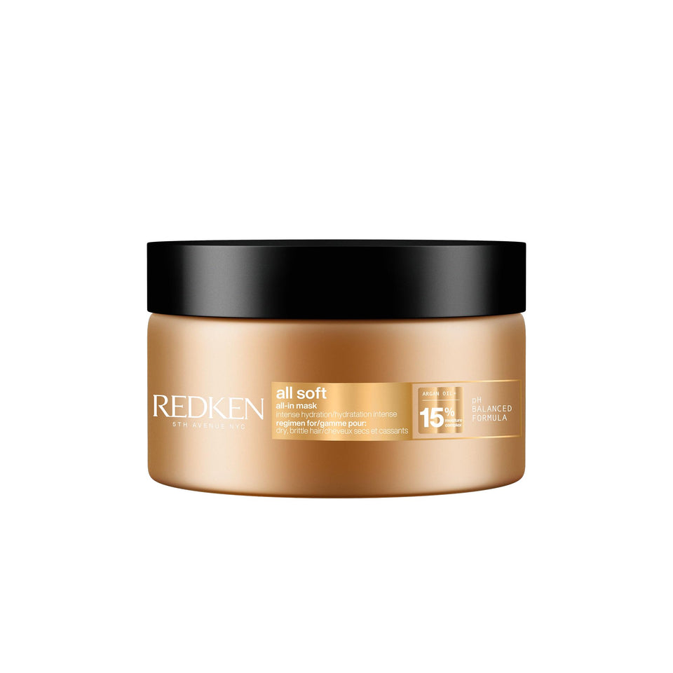 Redken All Soft All-In Mask front packaging showing product name and volume for trust