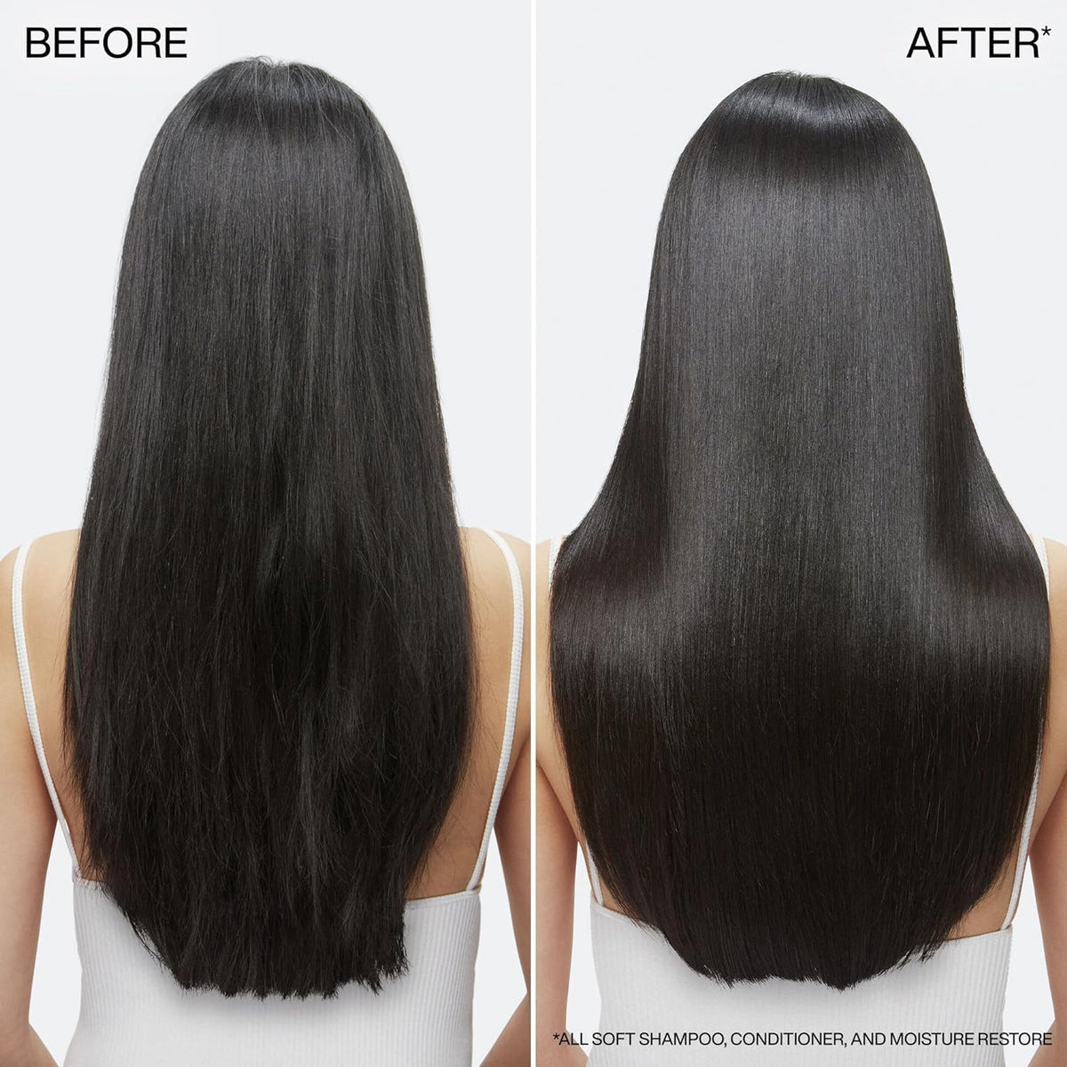 Before and after hair image with Redken showing softer smoother results