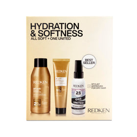 Redken All Soft mini front packaging showing trio and travel convenience