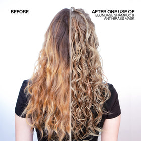 Redken Blondage label close-up highlighting usage instructions and benefits