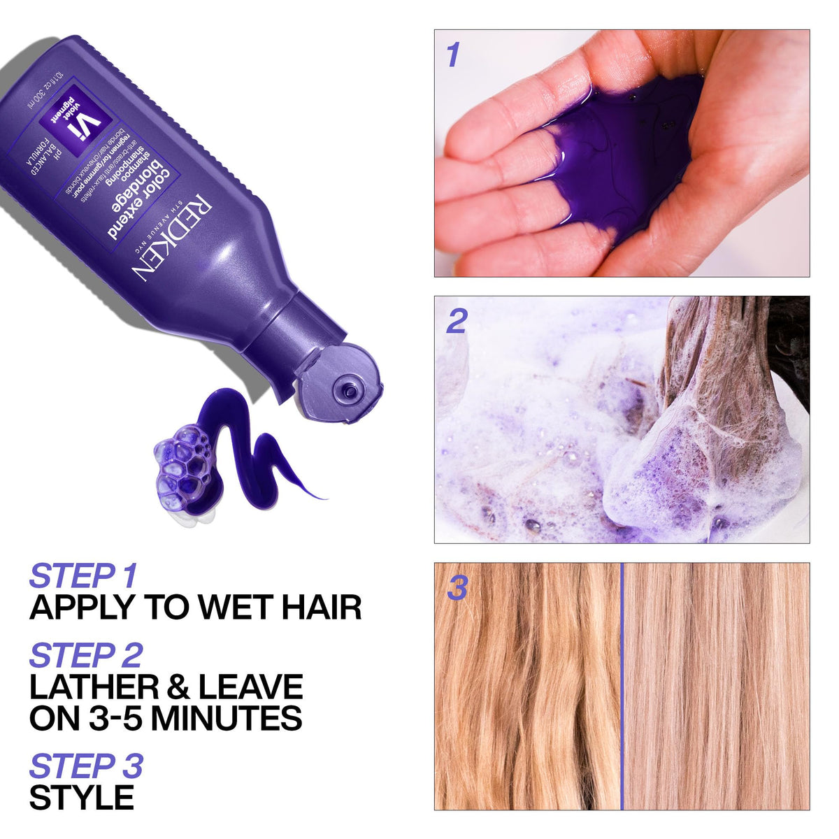 Redken Blondage bottle on bathroom shelf conveying salon-quality routine