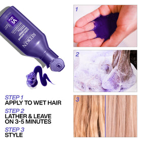 Redken Blondage bottle on bathroom shelf conveying salon-quality routine
