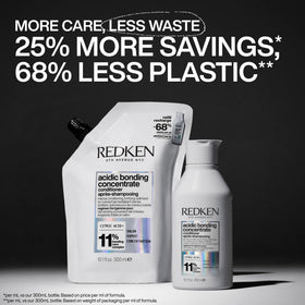 Redken refill bottle next to standard bottle illustrating 68% less plastic per ml
