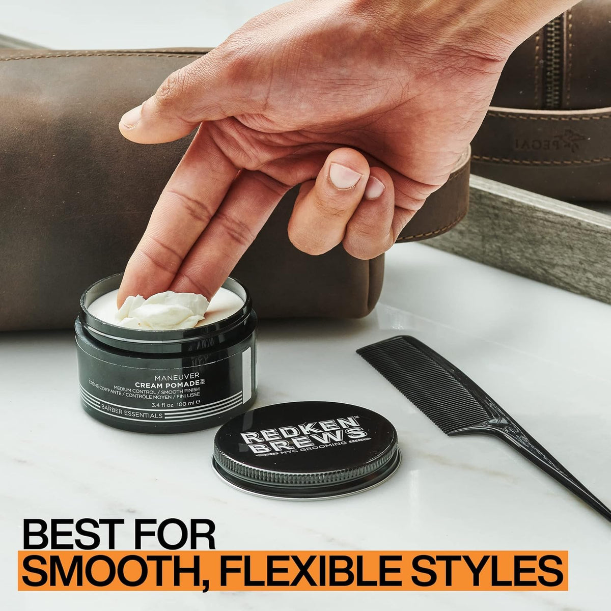 Side-by-side before and after with Redken Brews for defined texture