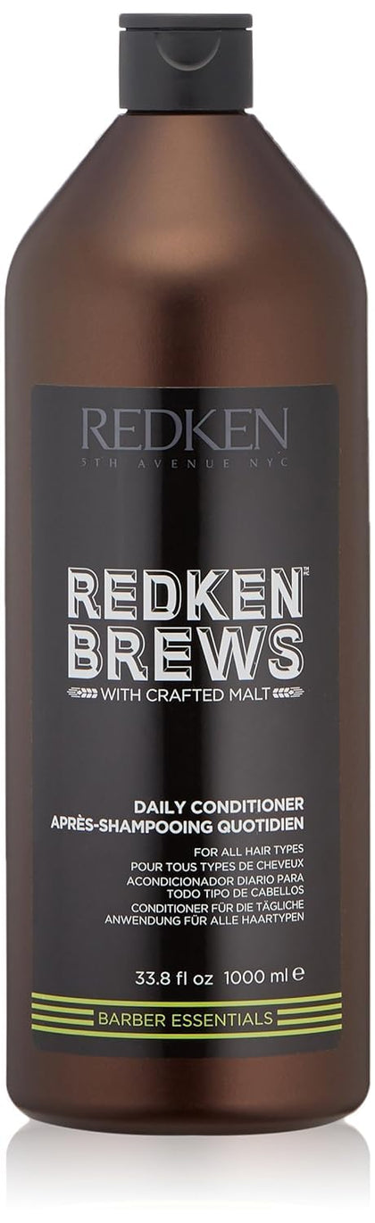 Redken Brews bottle front view showing lightweight conditioner benefits