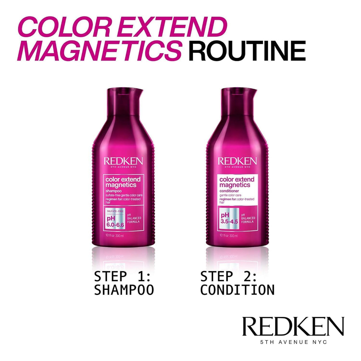 Redken shampoo bottle staged in bathroom showing salon-quality care