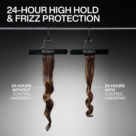 Redken Control Hairspray 28 holding a styled updo with frizz-free finish benefit