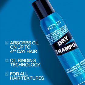 Redken deep clean label closeup highlighting ingredients and benefit: starch-based oil control