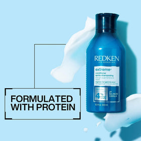 Redken Extreme Conditioner applied in shower to mid-lengths and ends for detangling