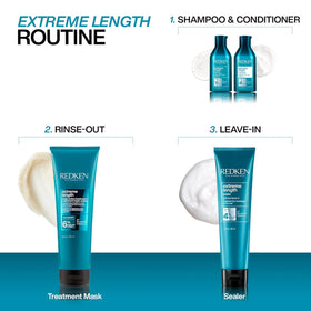 Redken Extreme Length bottle in hand to show size and convenient salon quantity