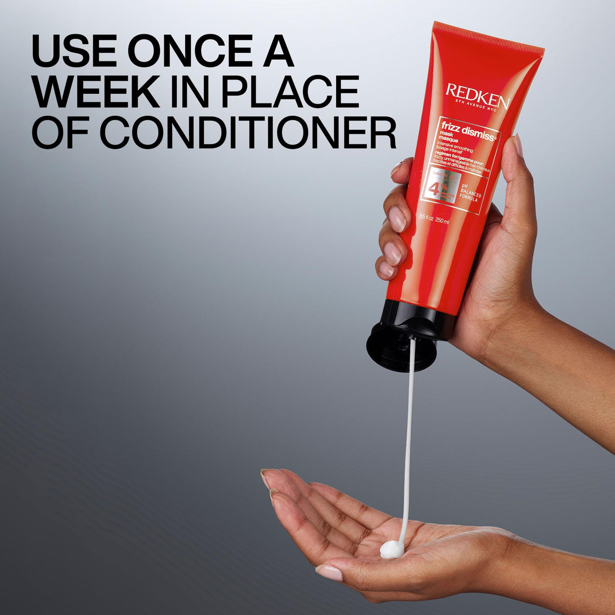 redken Frizz Dismiss mask being applied to damp hair showing better detangling and manageability