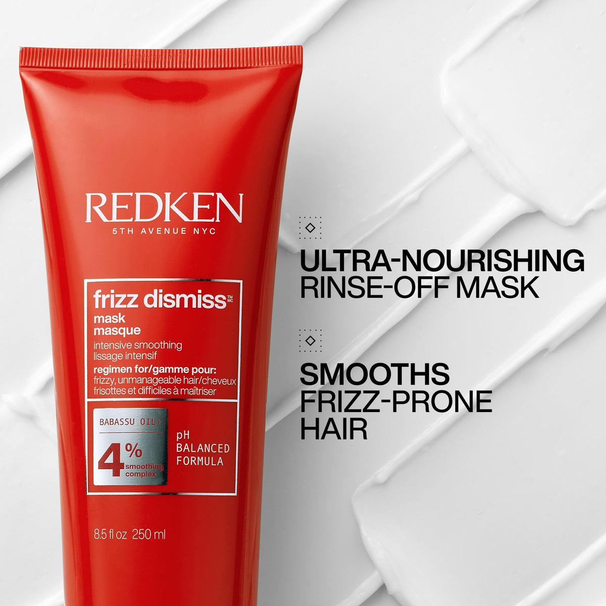 redken Frizz Dismiss mask creamy texture close-up highlighting rich hydration and smooth feel