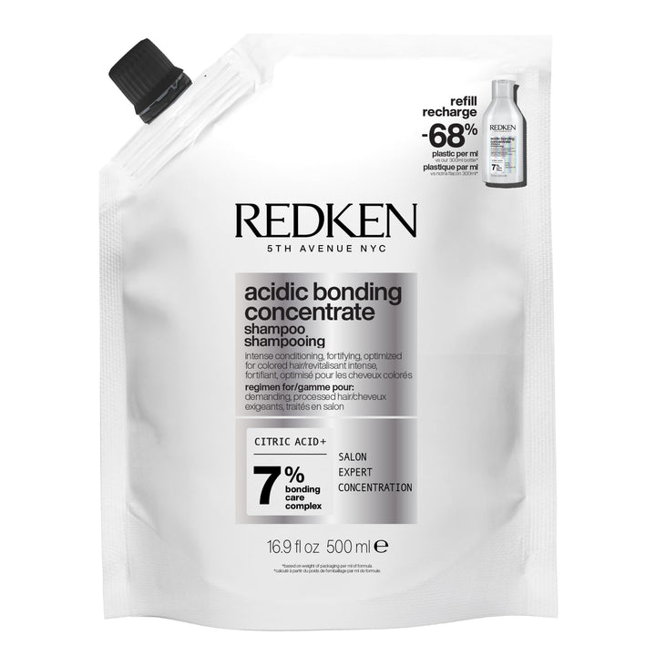 Redken front packaging showing refill bottle and brand for sustainable savings