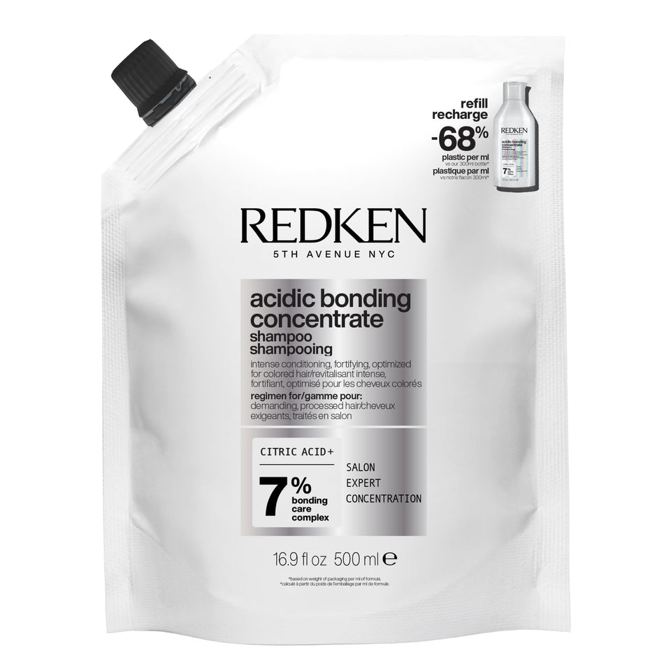 Redken front packaging showing refill bottle and brand for sustainable savings