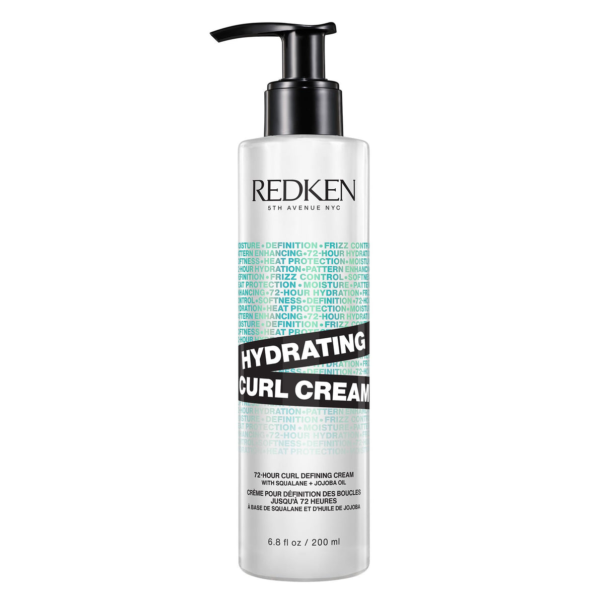 Redken front packaging showing Hydrating Curl Cream benefits and recyclable bottle