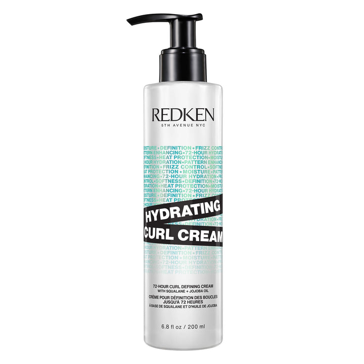 Redken front packaging showing Hydrating Curl Cream benefits and recyclable bottle