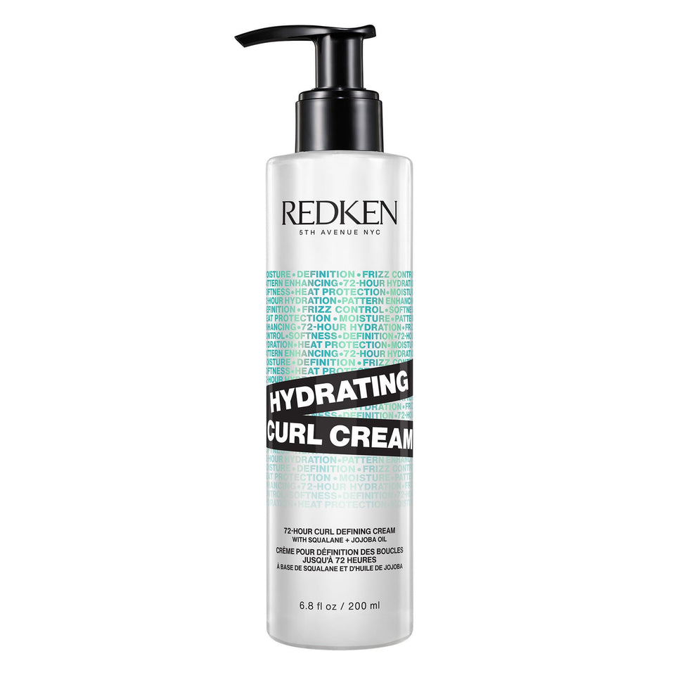 Redken front packaging showing Hydrating Curl Cream benefits and recyclable bottle
