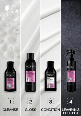 Redken before and after comparison, showing improved shine and smoothness