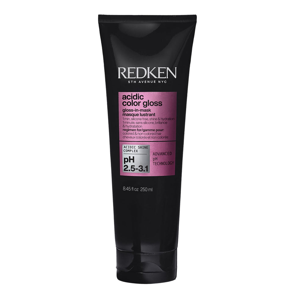 Redken gloss-in-mask front jar showing packaging and instant shine benefit