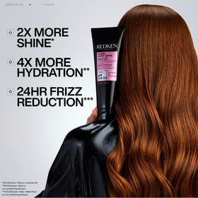 Redken before and after on color-treated hair showing revived vibrancy and shine