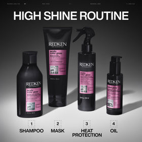 Redken glossy hair after rinse showing sleek, frizz-reduced, light-reflective finish