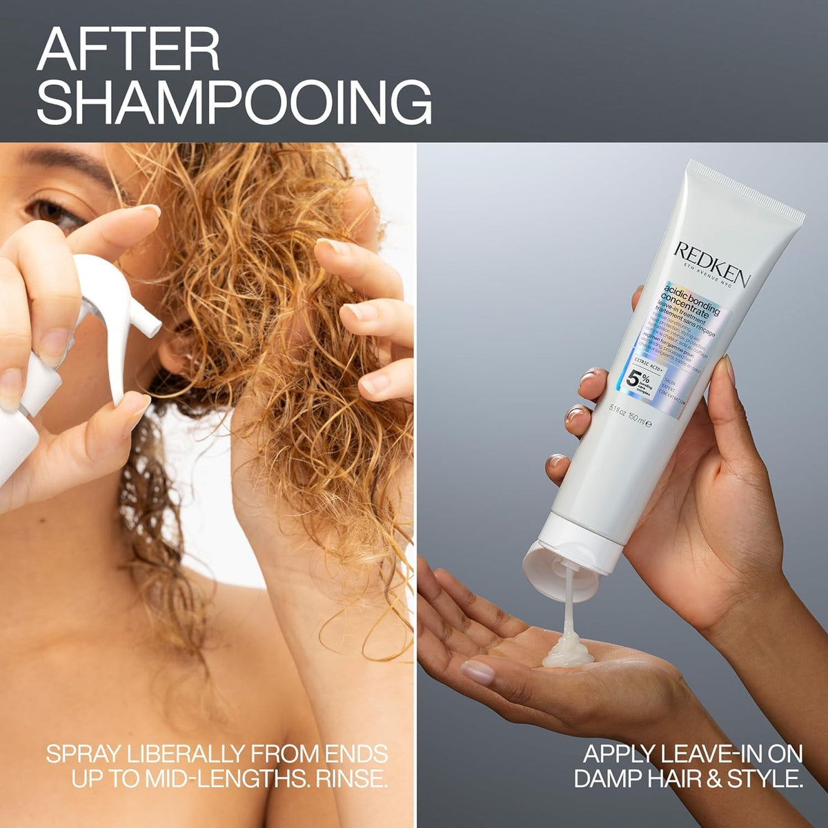 Redken in-shower use showing hand application and quick rinse-out convenience