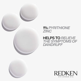 Redken label close-up highlighting pyrithione zinc ingredient benefits
