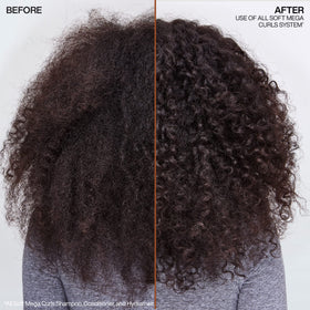 Redken on model with defined curls demonstrating softer, healthier-looking hair