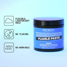 Redken pliable paste being rubbed between hands demonstrating simple application and even distribution