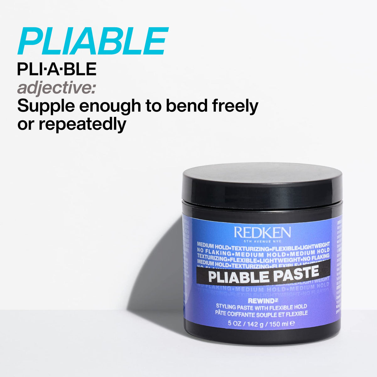 Redken pliable paste size and ingredients label readable for informed shoppers and product transparency