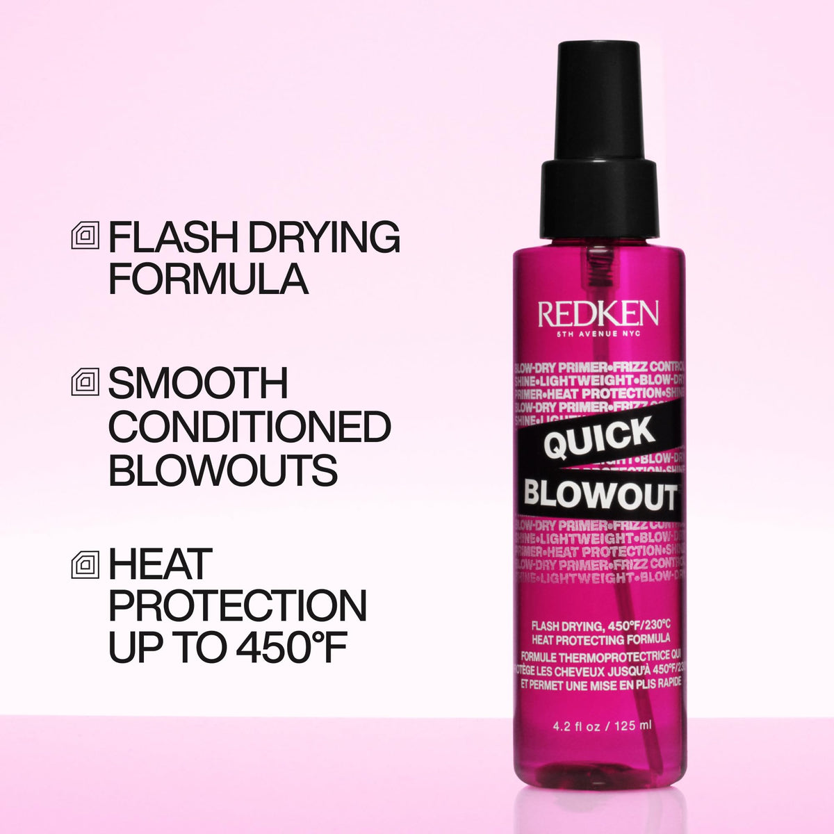 Redken Quick Blowout side label close-up showing directions and ingredient highlights