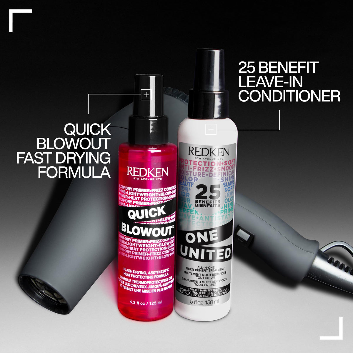 Redken Quick Blowout next to a ruler showing 1 fl oz size for travel-friendly styling