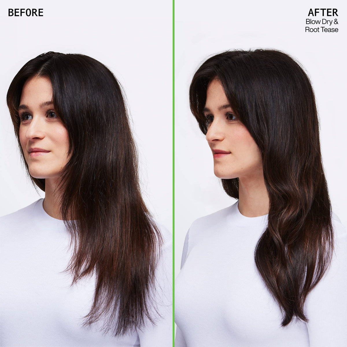 Redken Quick Tease 15 styling in use on model creates instant volume and hold