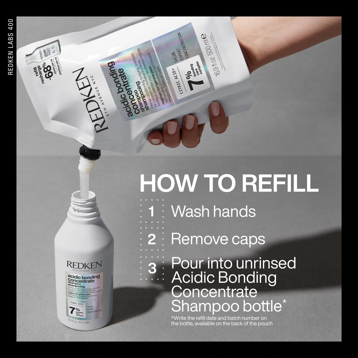 Redken size comparison showing 16.9 fl oz refill for value and longevity