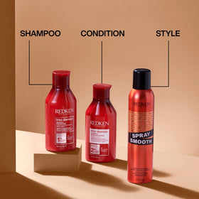 Redken spray smooth before and after showing reduced frizz and shine
