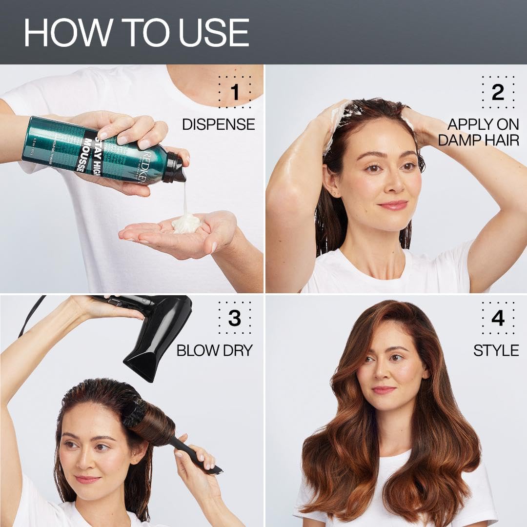 Redken mousse applied to hair showing airy texture and visible root lift benefit