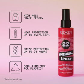 Redken label close up highlighting heat protection up to 450°F benefit