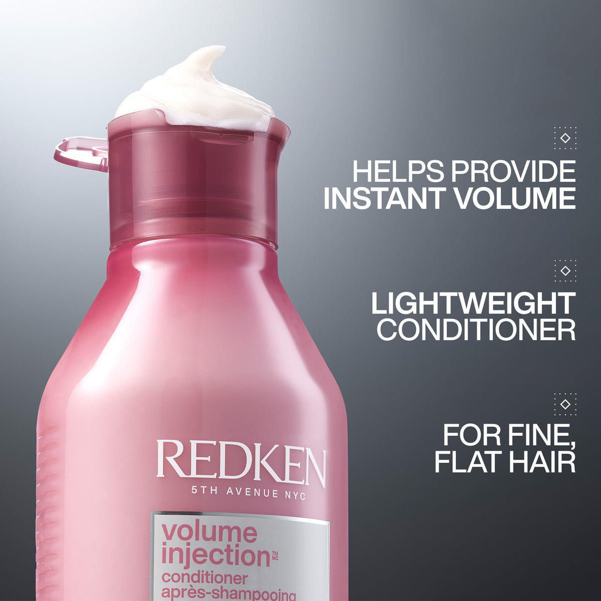 Redken Volume Injection Conditioner back label close-up showing ingredients and usage benefit