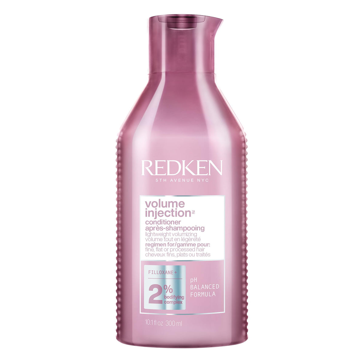 Redken Volume Injection Conditioner front bottle shows sleek packaging and brand benefit