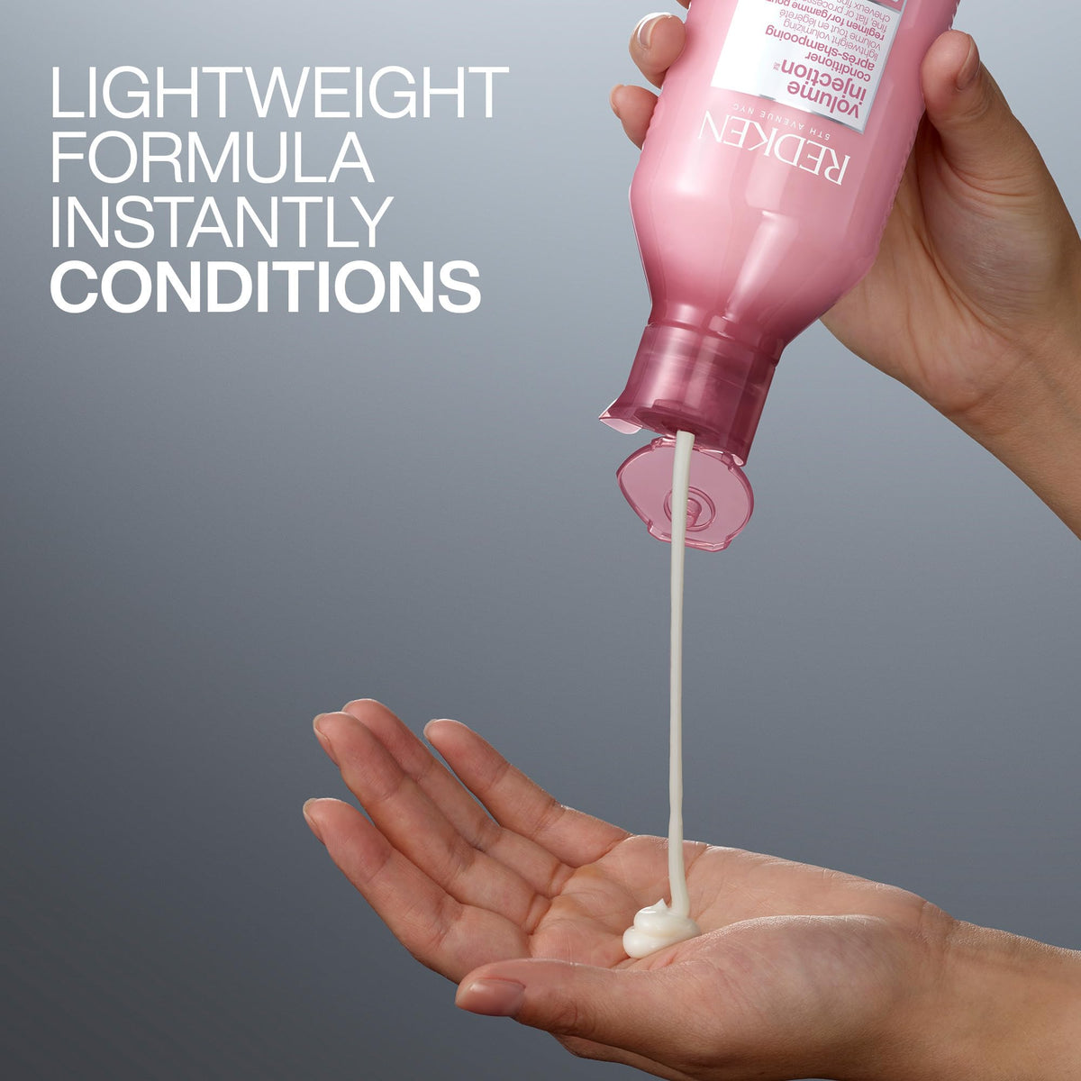 Redken Volume Injection Conditioner before and after hair texture comparison showing improved body