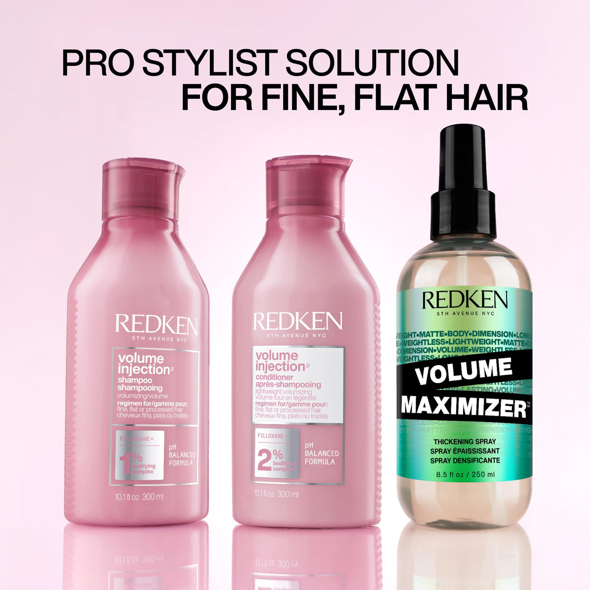 Redken Volume Injection Conditioner 10.1 fl oz beside ruler for size comparison and travel convenience