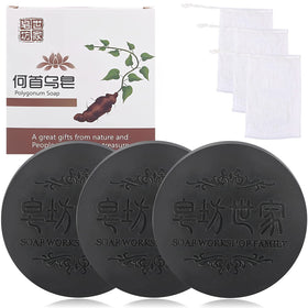 Rednow front packaging of black & thick hair shampoo bar showing trio pack and foaming nets for convenience