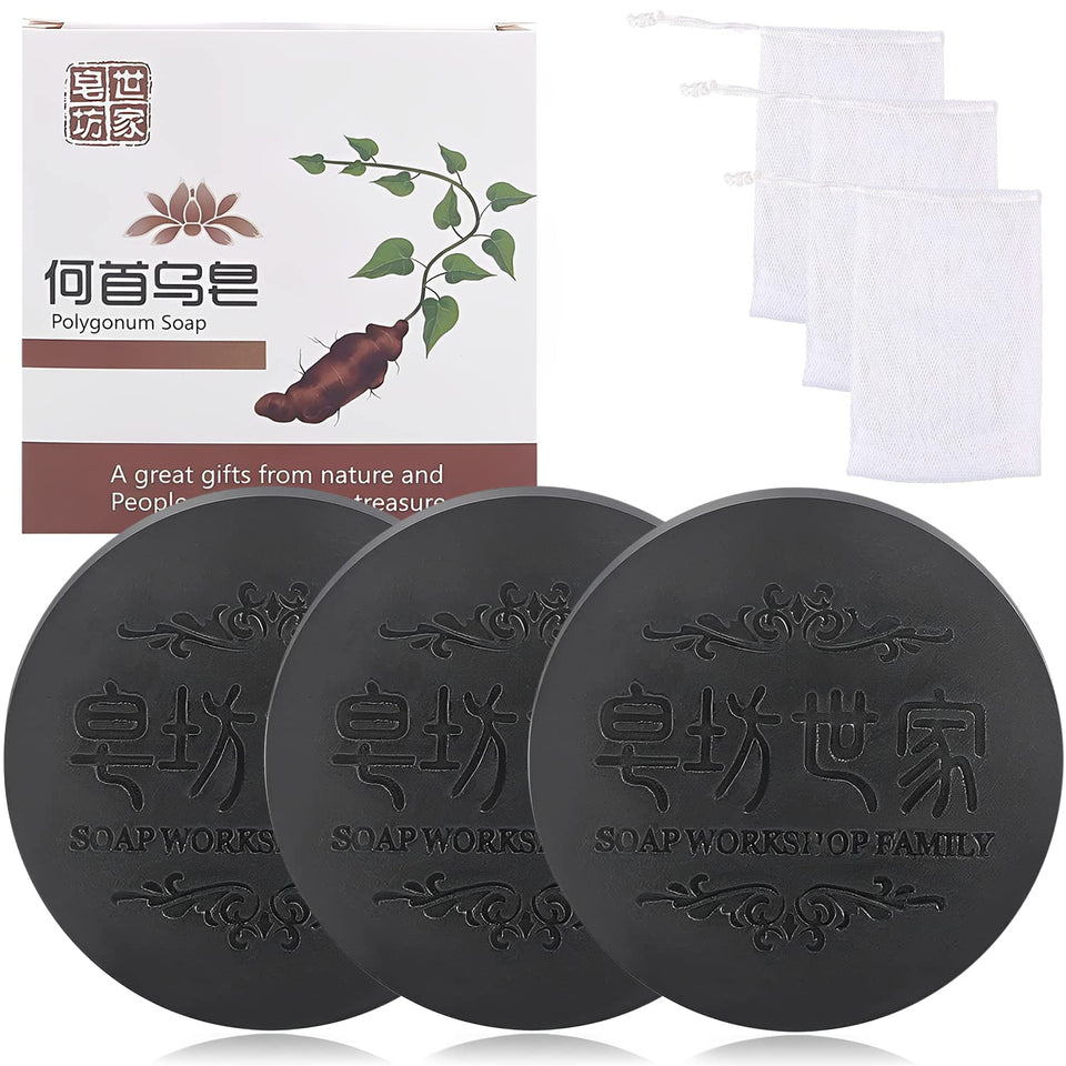 Rednow front packaging of black & thick hair shampoo bar showing trio pack and foaming nets for convenience