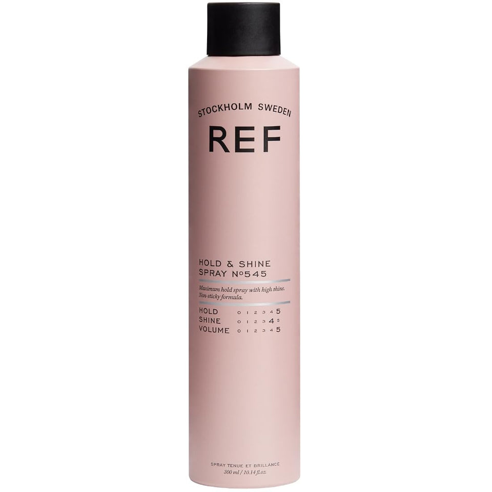 REF hold & shine spray front packaging showing glossy finish benefit