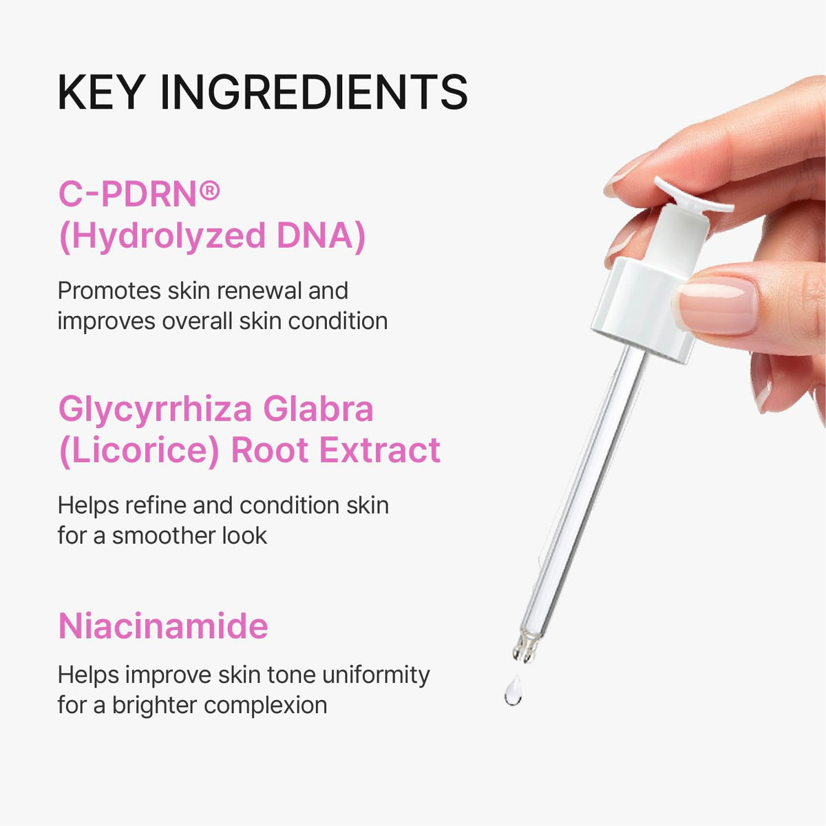 REJURAN ampoule swatched on hand showing finish and luminosity benefit